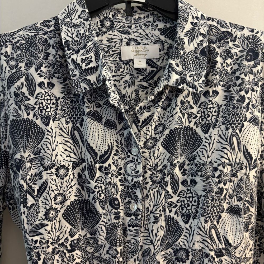 Charter Club Luxury Linen Button-Up Blouse Sz Med Tropical pattern - Picture 2 of 5